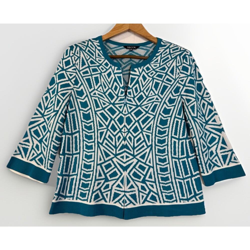 Misook Cardigan Sweater Womens Petite Medium PM Geometric Teal Zip Up Knit